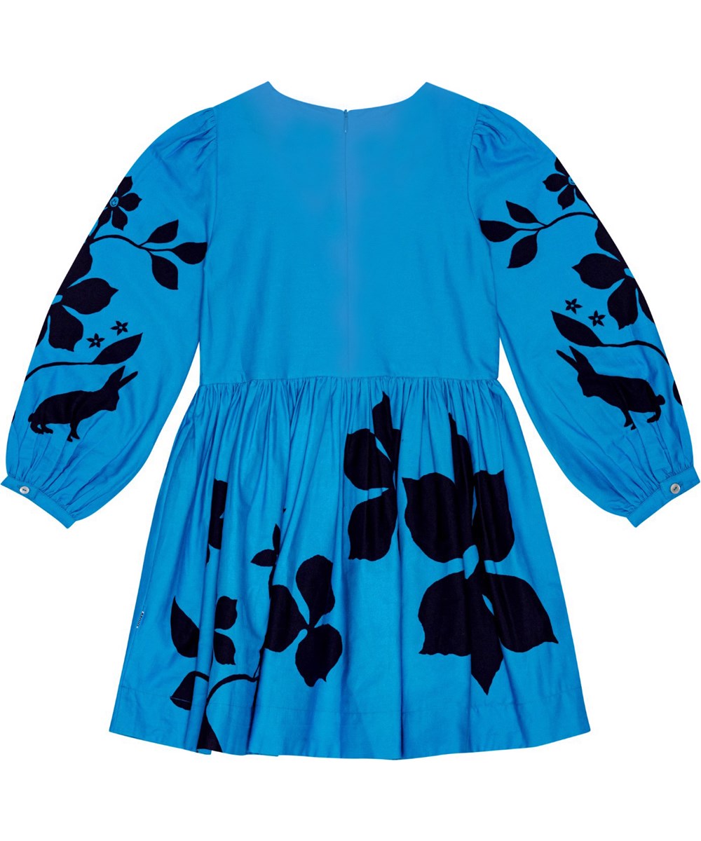 Cirkeline - Blue Folklore - Turquoise cotton dress with rabbit and flower print. Knee-length.