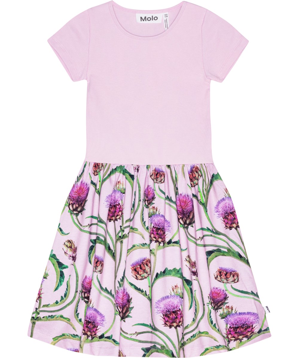 Cissa - Artichoke Glow - Short sleeve, pink dress with circular skirt in organic cotton with floral print