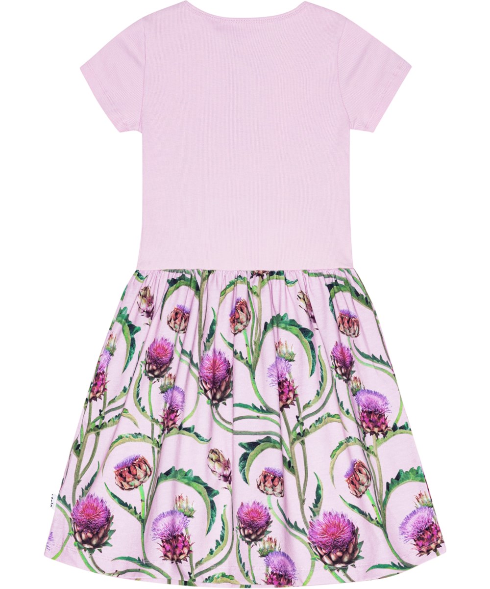 Cissa - Artichoke Glow - Short sleeve, pink dress with circular skirt in organic cotton with floral print