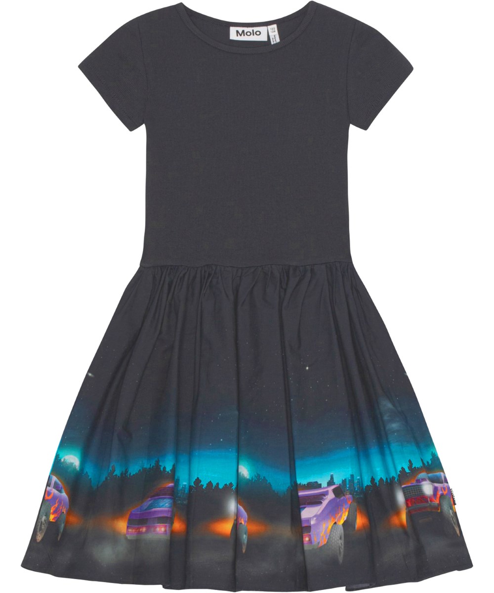 Cissa - Flame Car - Black dress in organic cotton with car print 