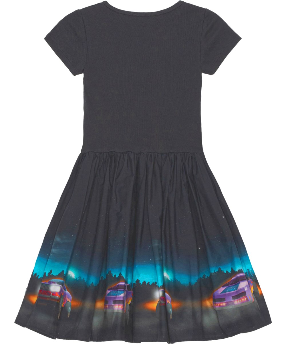 Cissa - Flame Car - Black dress in organic cotton with car print 