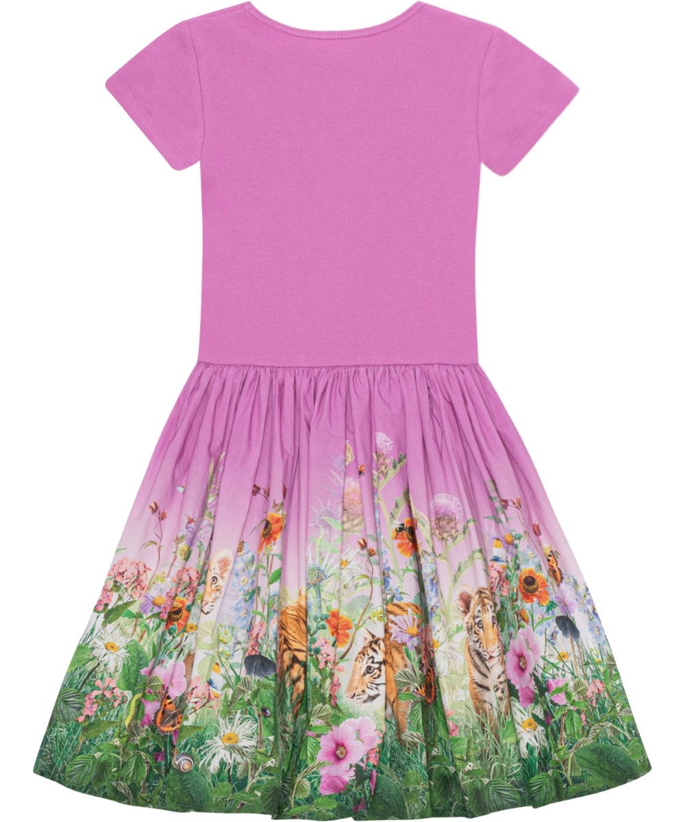 Cissa - Four Little Cubs - Purple dress in organic cotton with a print of tiger cubs and flowers 
