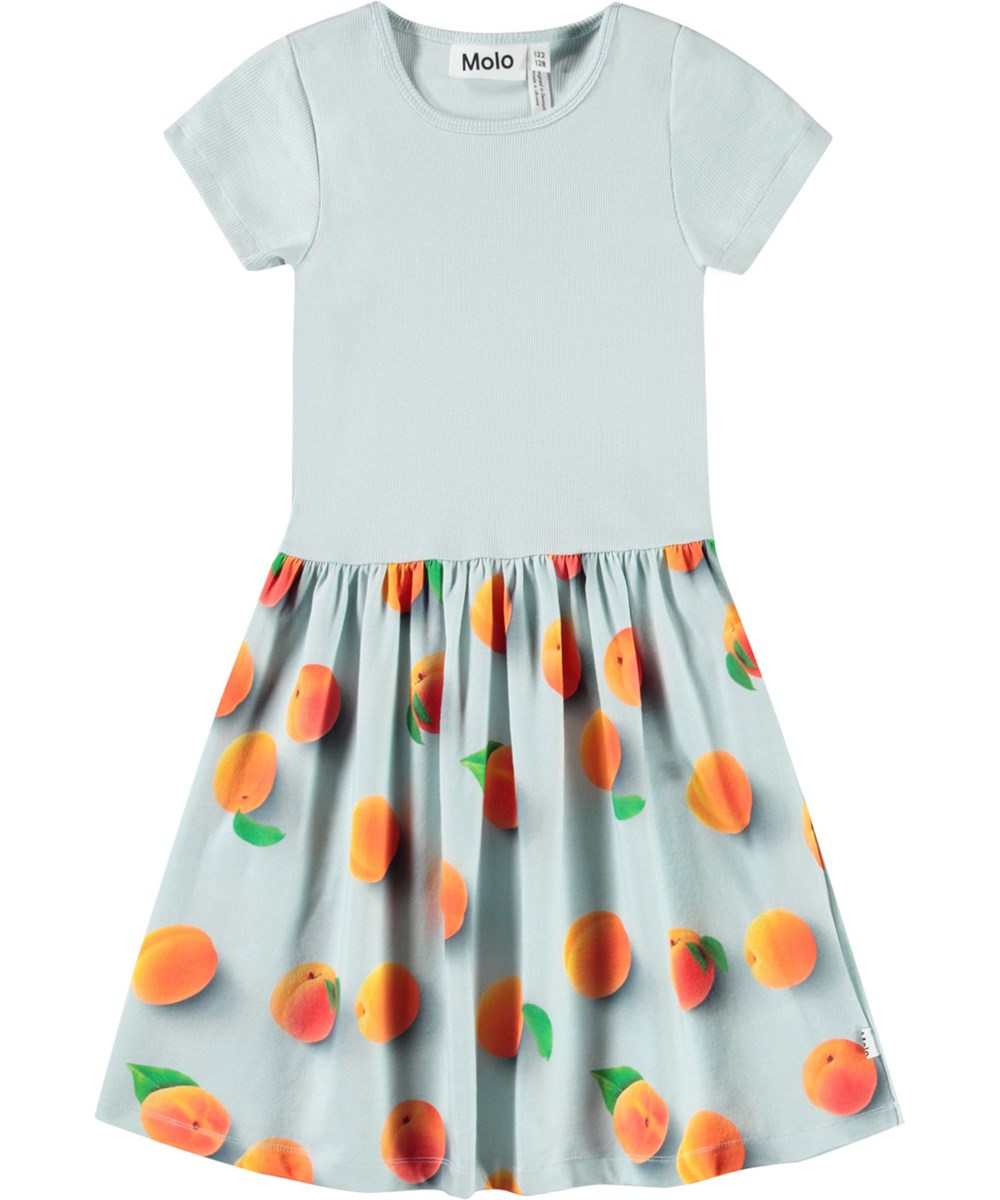 Cissa - Fresh Apricots - Light blue short-sleeved dress for children in organic cotton with a snug ribbed jersey top and smooth jersey skirt.