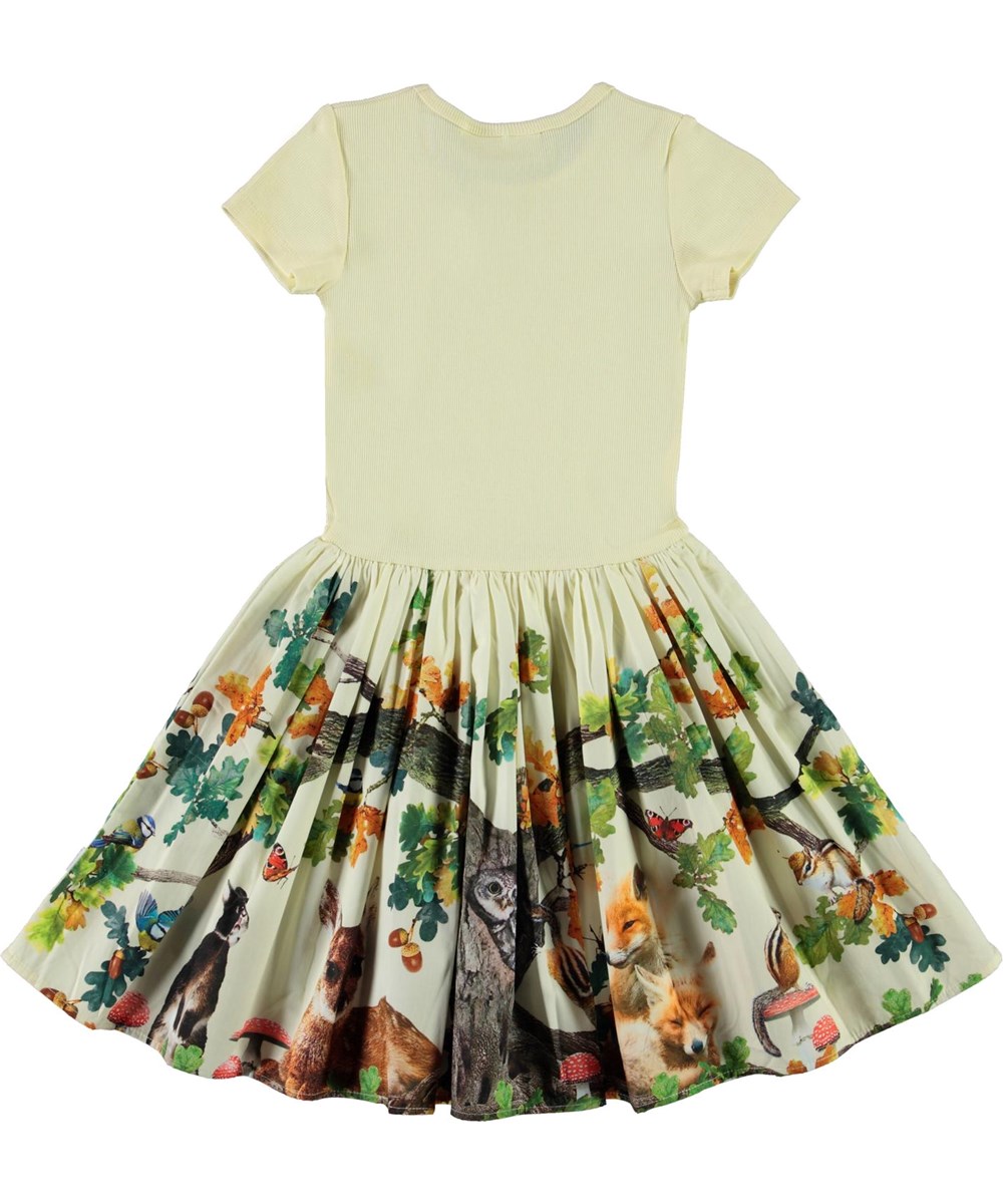 Cissa - From Acorn_Light - Light yellow organic dress with animals and forest print