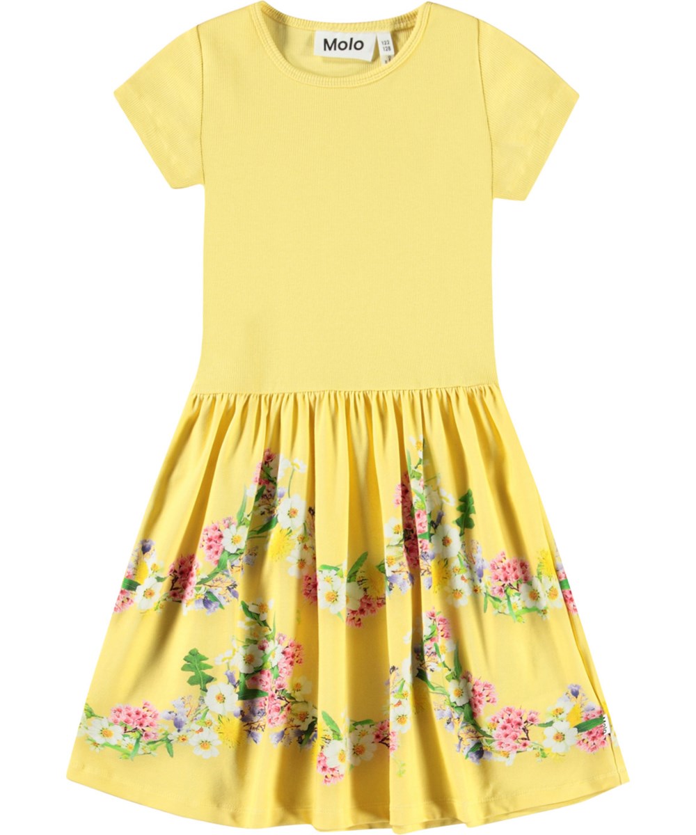 Cissa - Garlands - Yellow short-sleeved dress for children in organic cotton with a snug ribbed jersey top and smooth jersey skirt.