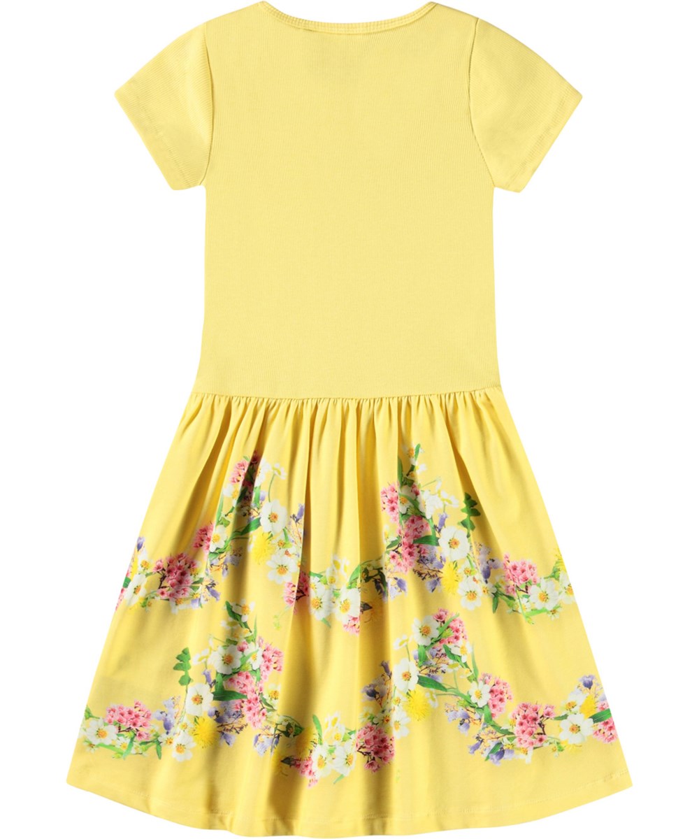Cissa - Garlands - Yellow short-sleeved dress for children in organic cotton with a snug ribbed jersey top and smooth jersey skirt.