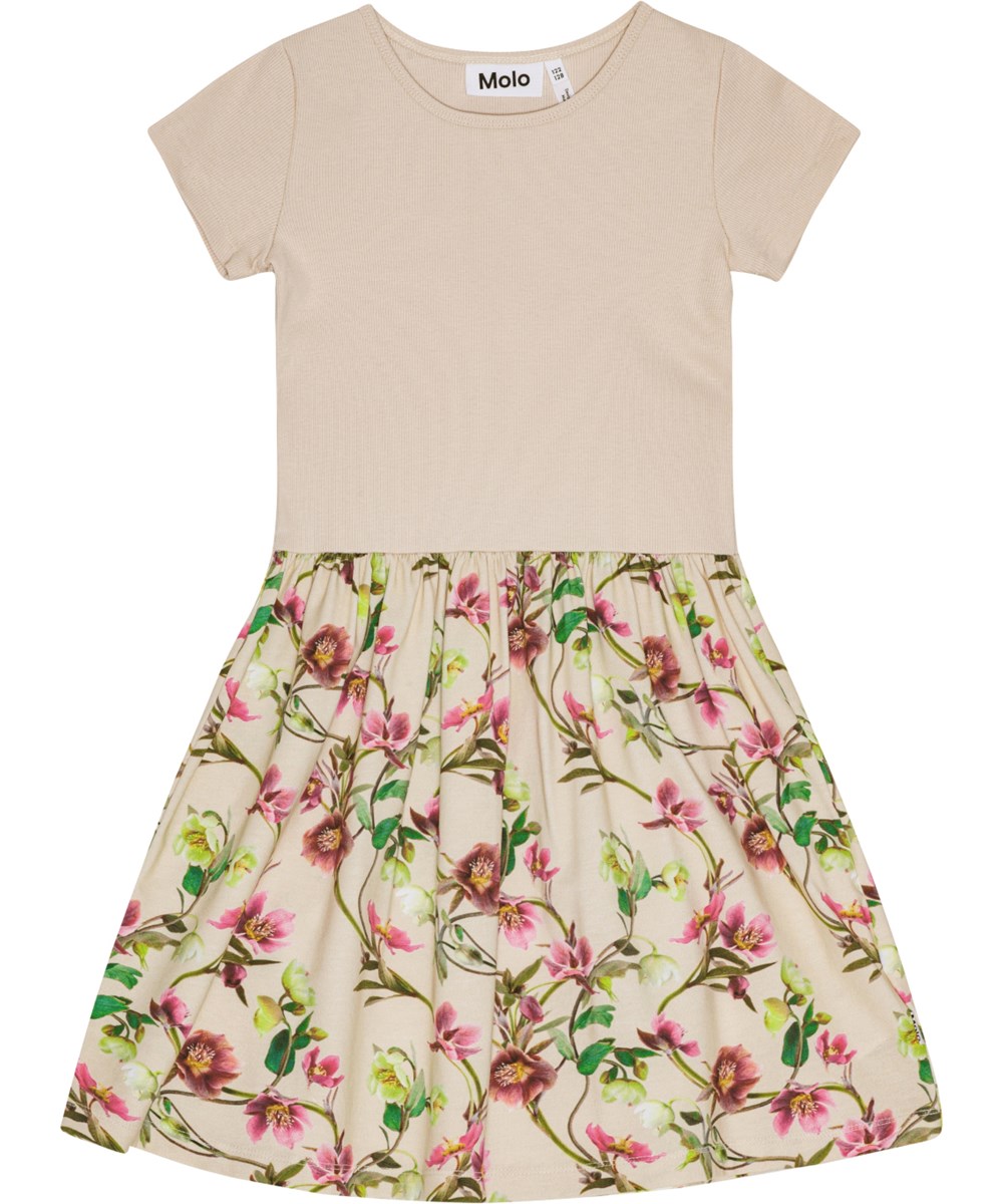 Cissa - Hellebore - Beige short-sleeved dress in organic cotton with charming floral print.