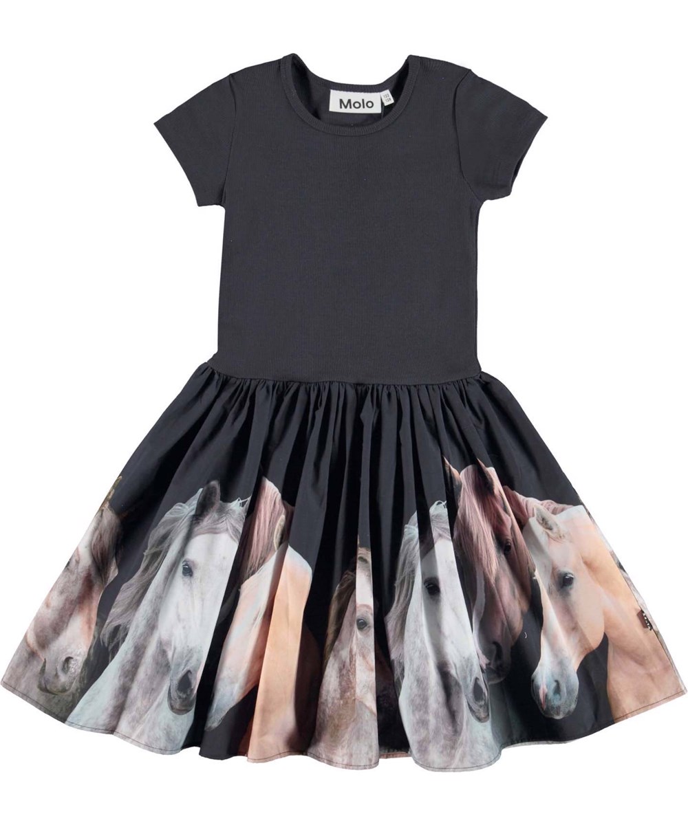 Cissa - Horse Gathering - Black organic dress with horse print