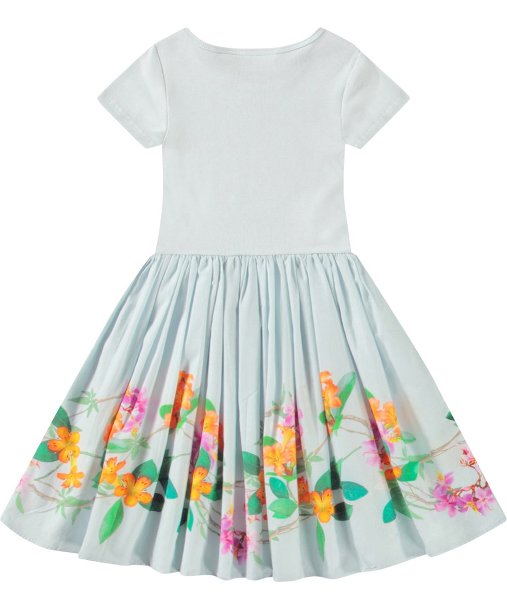Cissa - Jungle Flowers - Light blue short-sleeved dress for children in organic cotton with a snug ribbed jersey top and poplin skirt.