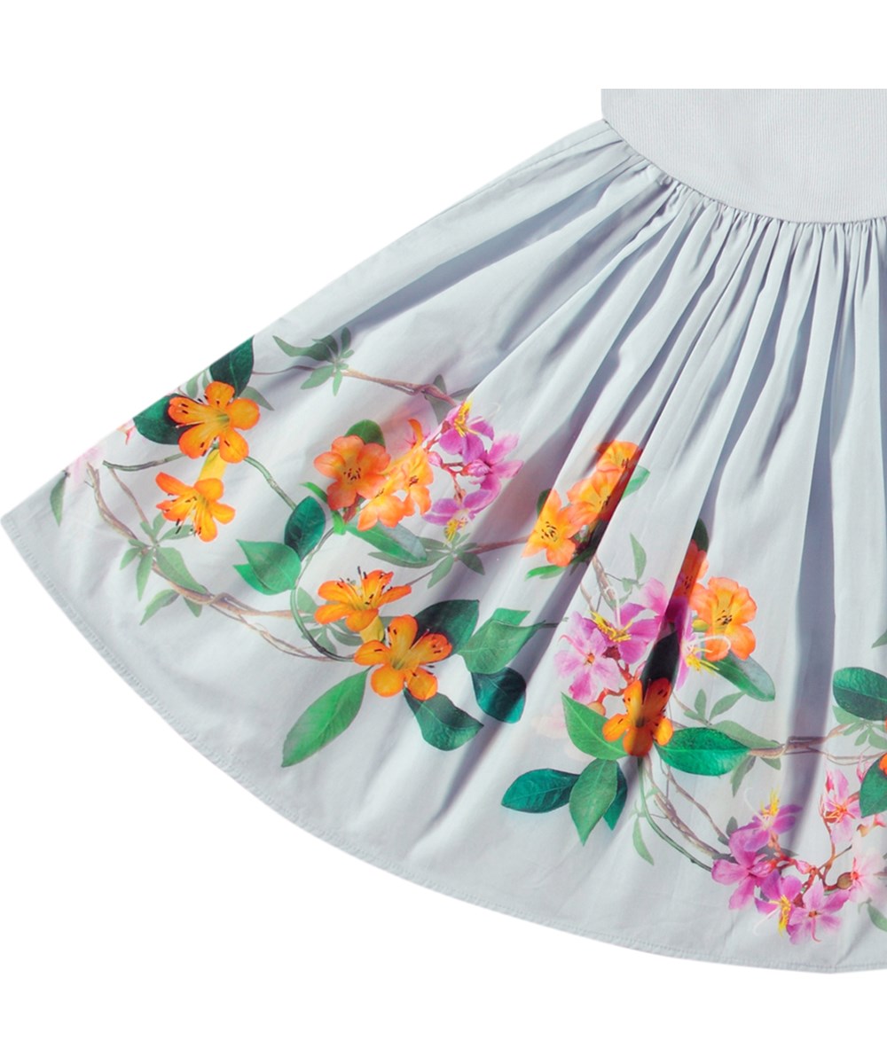 Cissa - Jungle Flowers - Light blue short-sleeved dress for children in organic cotton with a snug ribbed jersey top and poplin skirt.