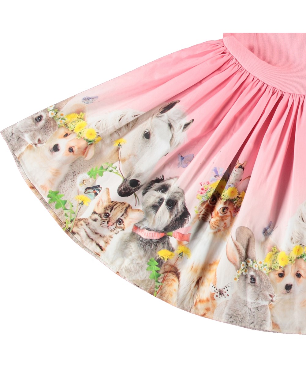 Cissa - Midsummer - Pink short-sleeved dress for children in organic cotton with a snug ribbed jersey top and poplin skirt.