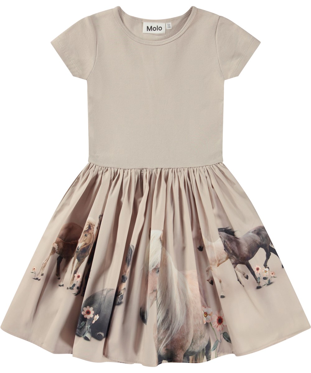 Cissa - Pony Family - Beige organic knee length dress with poplin skirt in horse print