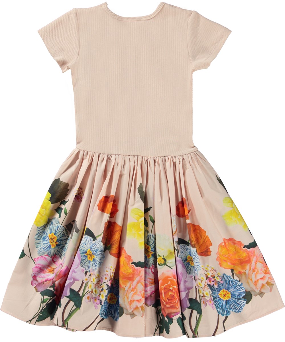 Cissa - Scent Of Roses - Pale rose coloured organic dress with poplin skirt and flower print