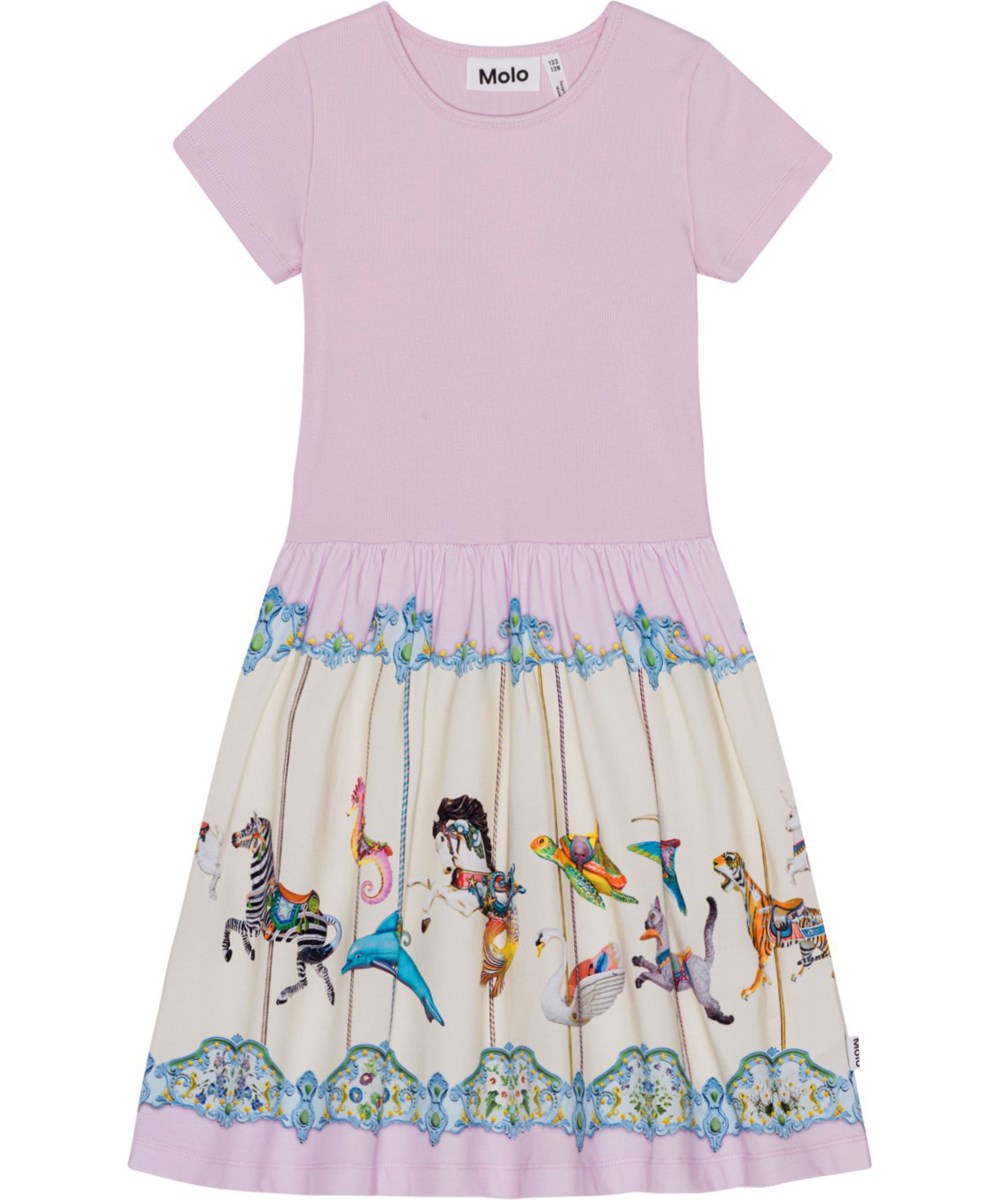 Cissa - Sea Carousel - Purple, short sleeve dress with circular skirt in organic cotton with a carrousel print 