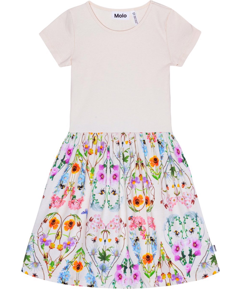Cissa - Seashell Love - Short sleeve, white dress with circular skirt in organic cotton with floral print