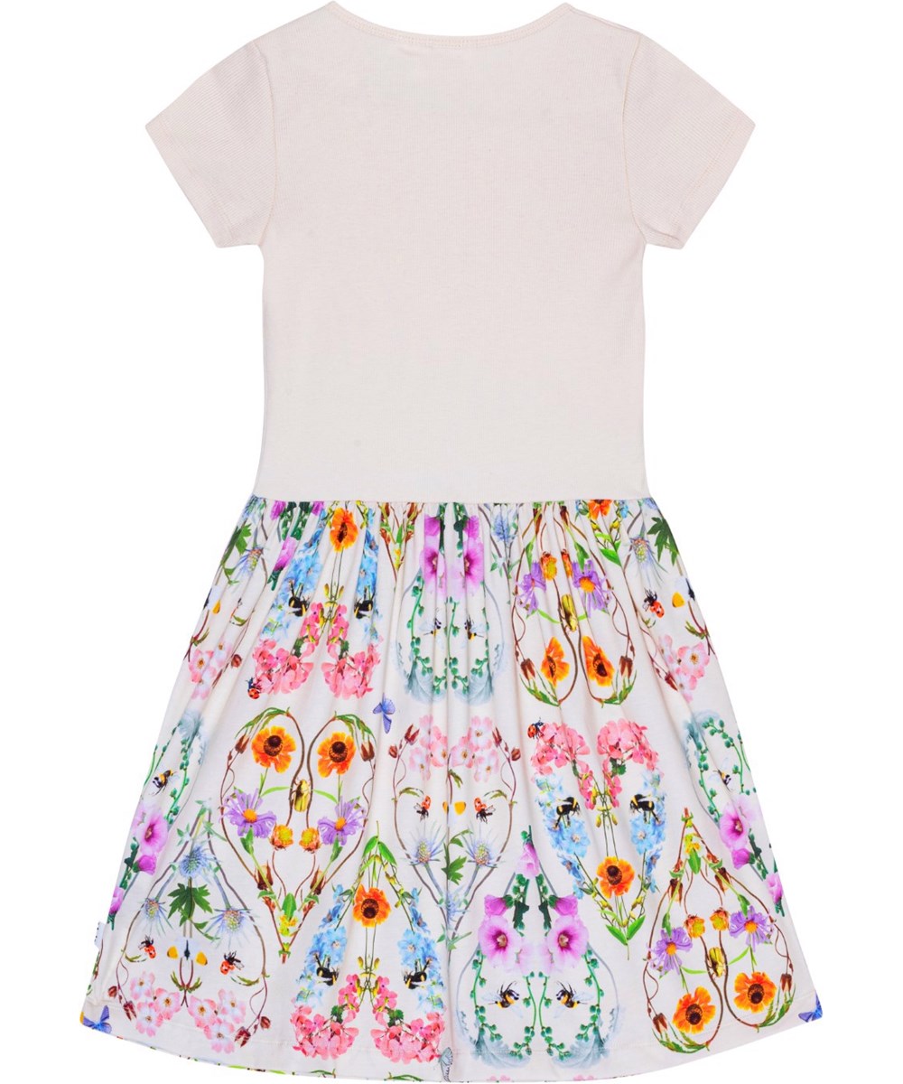 Cissa - Seashell Love - Short sleeve, white dress with circular skirt in organic cotton with floral print