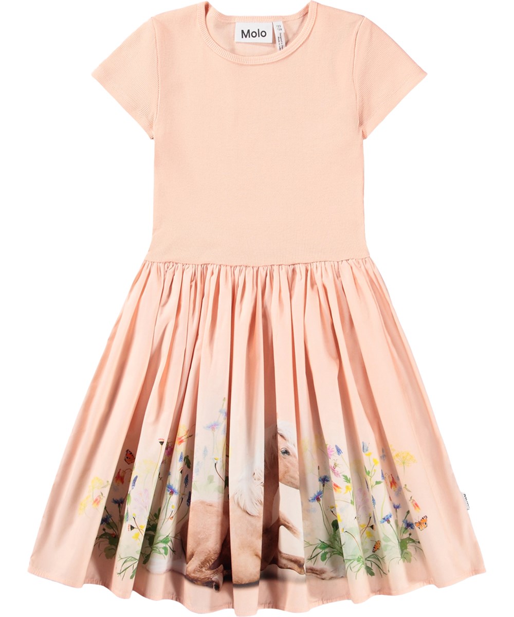 Cissa - Siesta - Peach-coloured dress for children made of organic cotton with a horse print