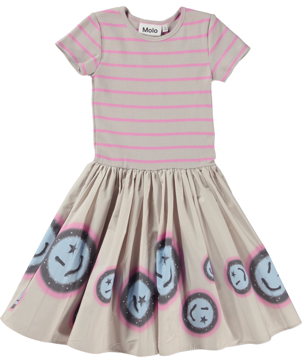 Cissa - Space Smiles - Taupe and pink striped organic dress with poplin skirt and smiling faces print