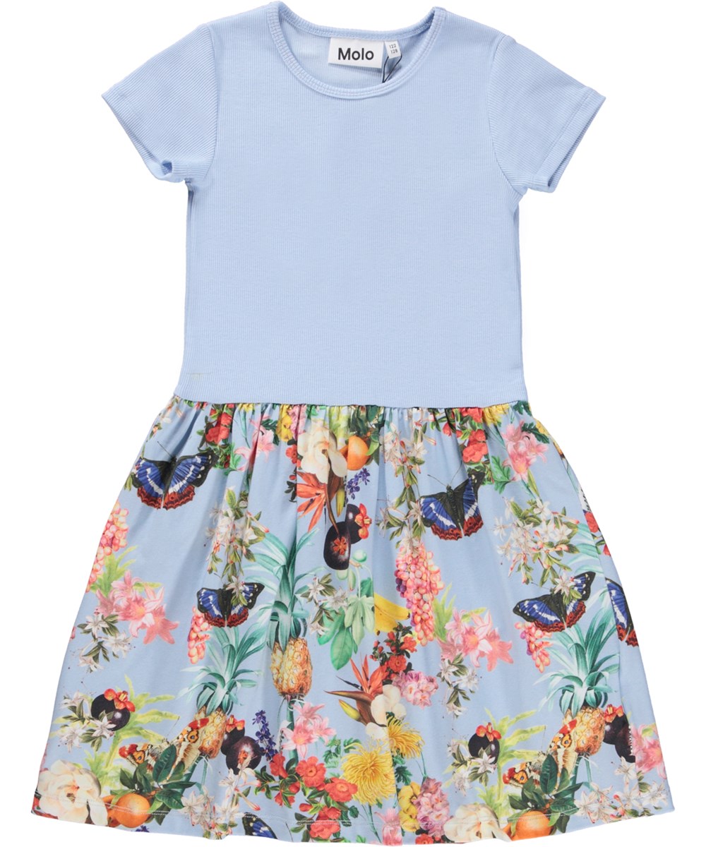 Cissa - Tropical Fruits - Light blue organic dress with poplin skirt and tropical print 