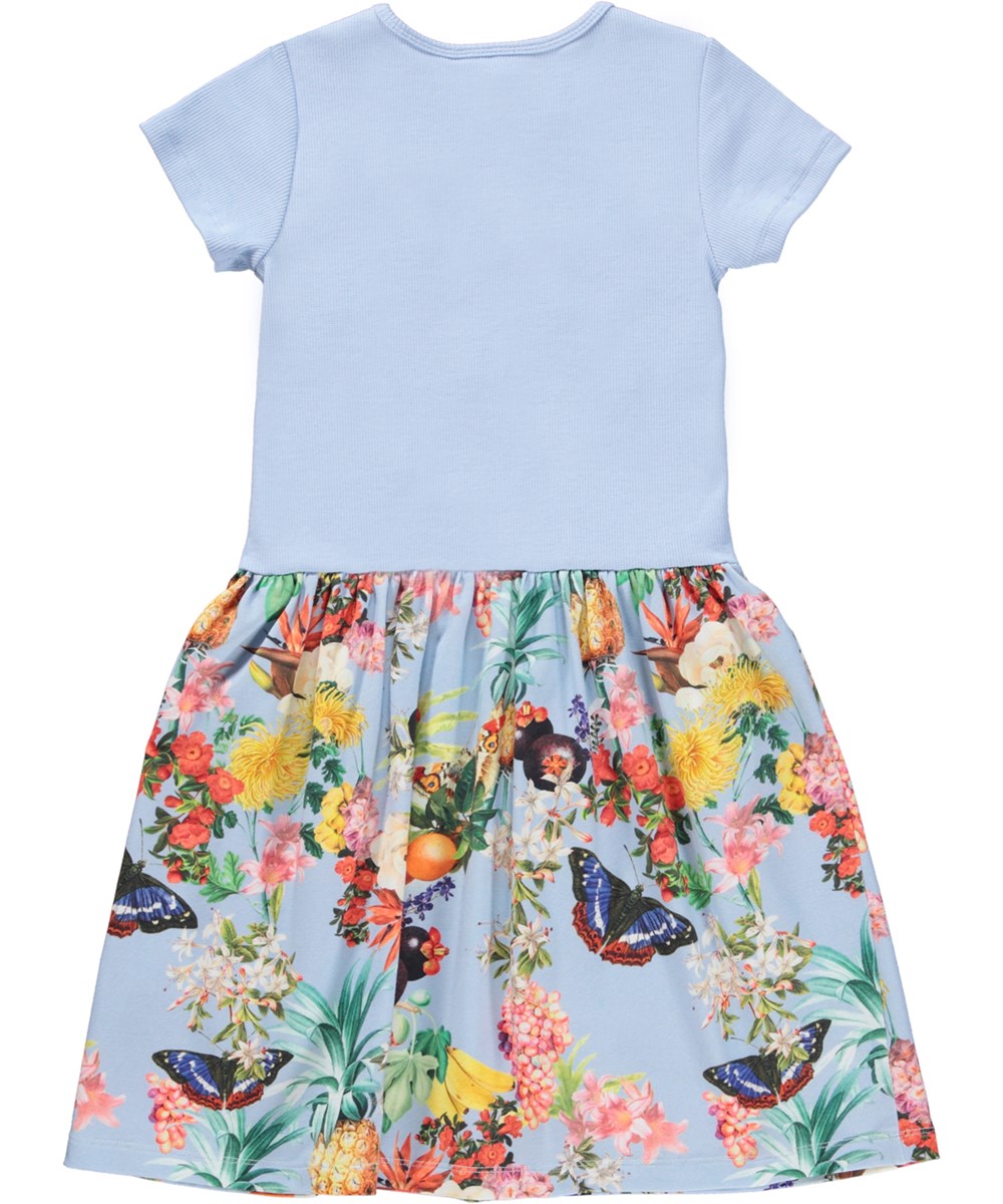 Cissa - Tropical Fruits - Light blue organic dress with poplin skirt and tropical print 