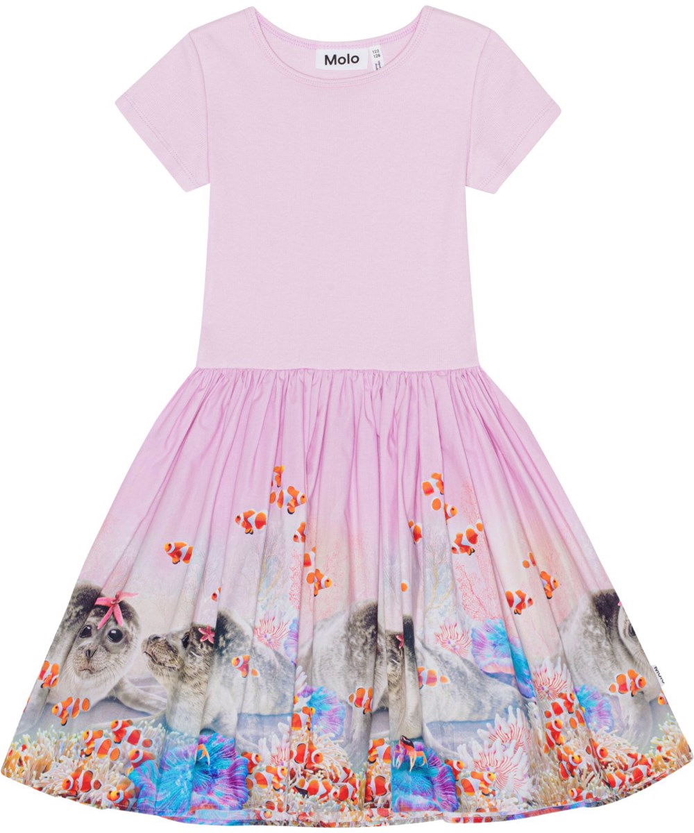Cissa - Underwater Seals - Pink dress in organic cotton with print af seals