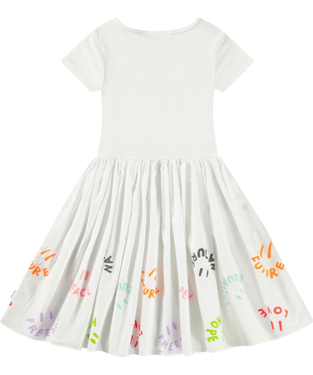 Cissa - Words Of Hope - White short-sleeved dress for children in organic cotton with a snug ribbed jersey top and poplin skirt.