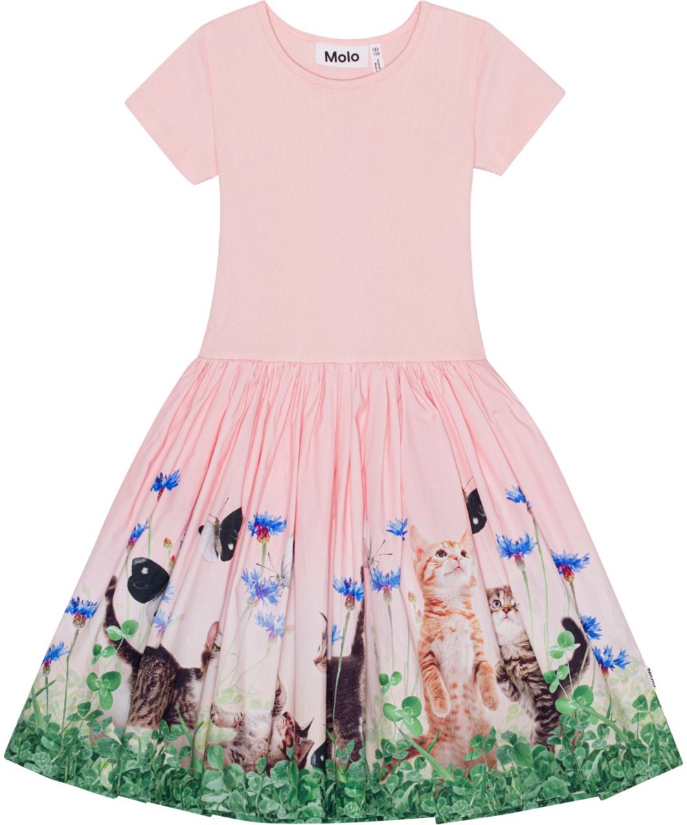 Cissa - Yin Yang Kitten - Pink, short sleeve dress with circular skirt in organic cotton 