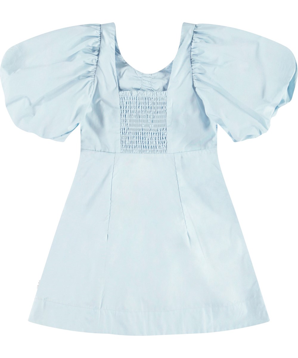 Cissy - Skywriting - Light blue dress in organic cotton for children with puff sleeves.