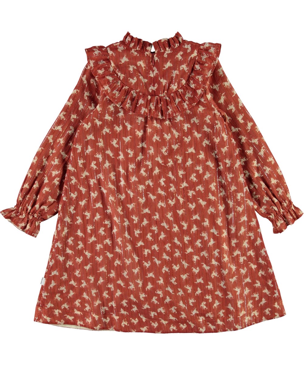 Clair - Mini Horse Woven - Brown dress with horses, glitter and a ruffle collar 