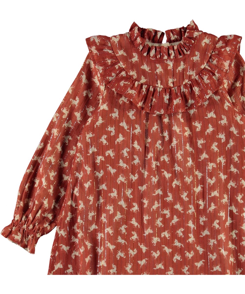 Clair - Mini Horse Woven - Brown dress with horses, glitter and a ruffle collar 