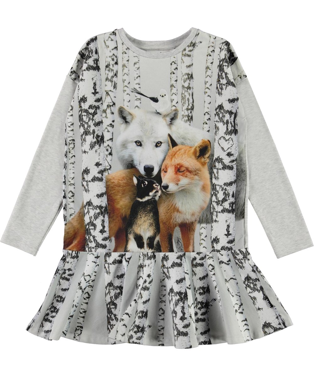 Claire - Birch Forest - Light grey organic dress with wolf, fox and rabbit 