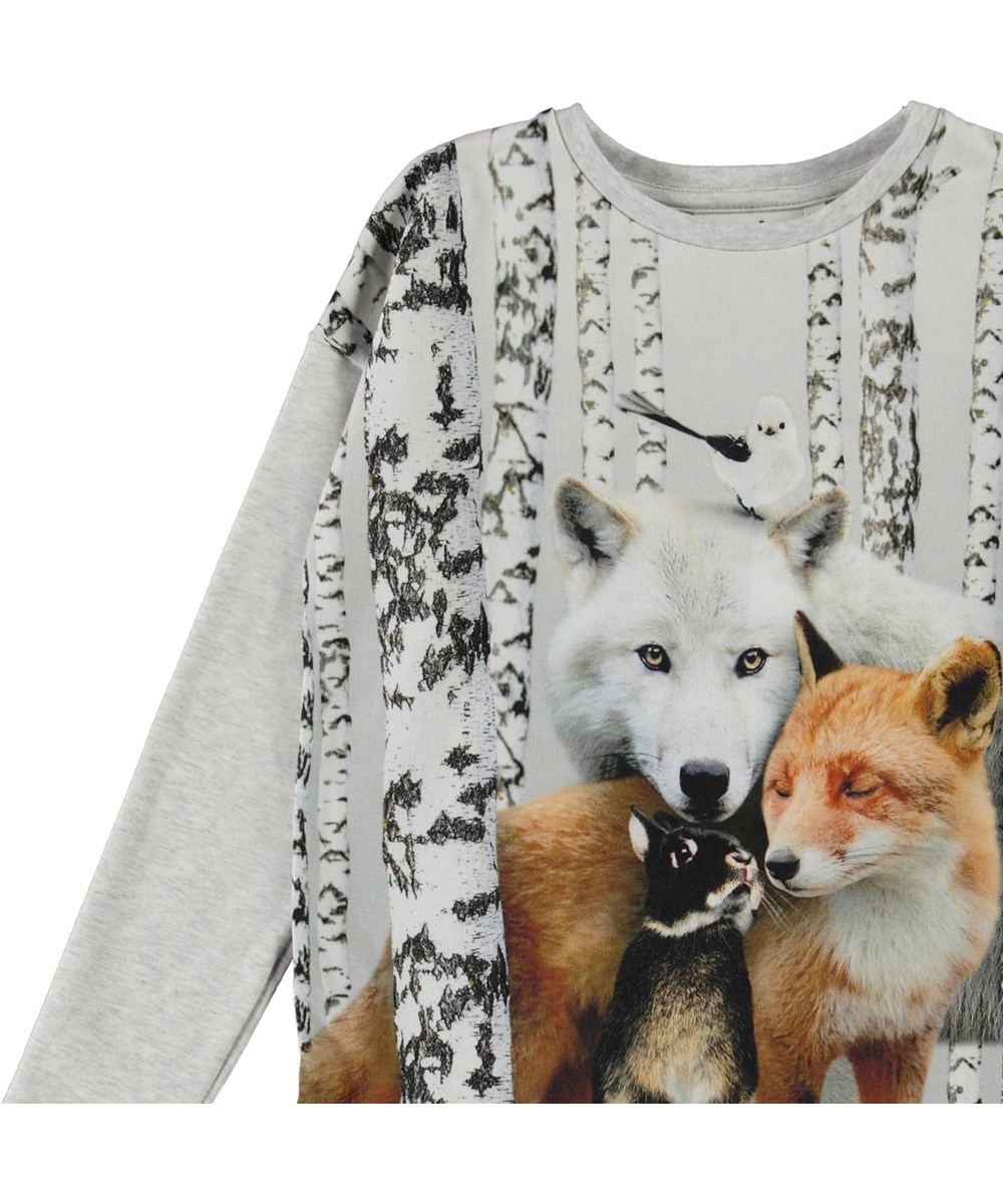 Claire - Birch Forest - Light grey organic dress with wolf, fox and rabbit 