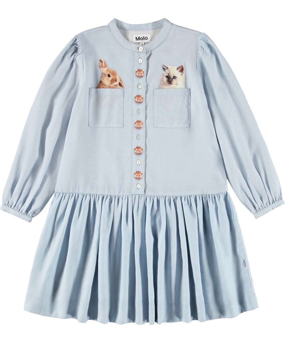 Clara - Pocket Pets - Nice light blue dress for children made of viscose with a print of cute animals.