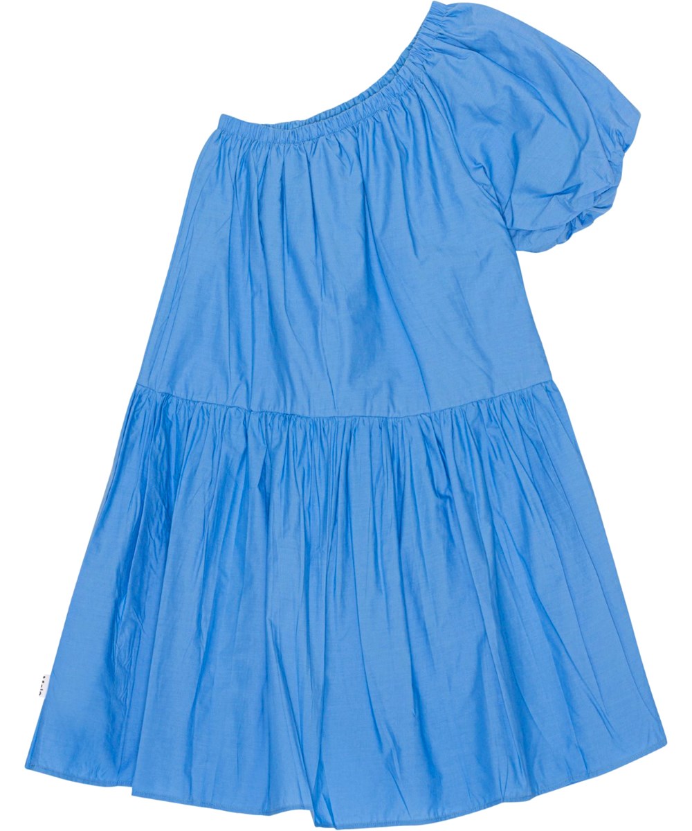 Clarabelle - Forget Me Not - Blue, one-shoulder dress in organic cotton