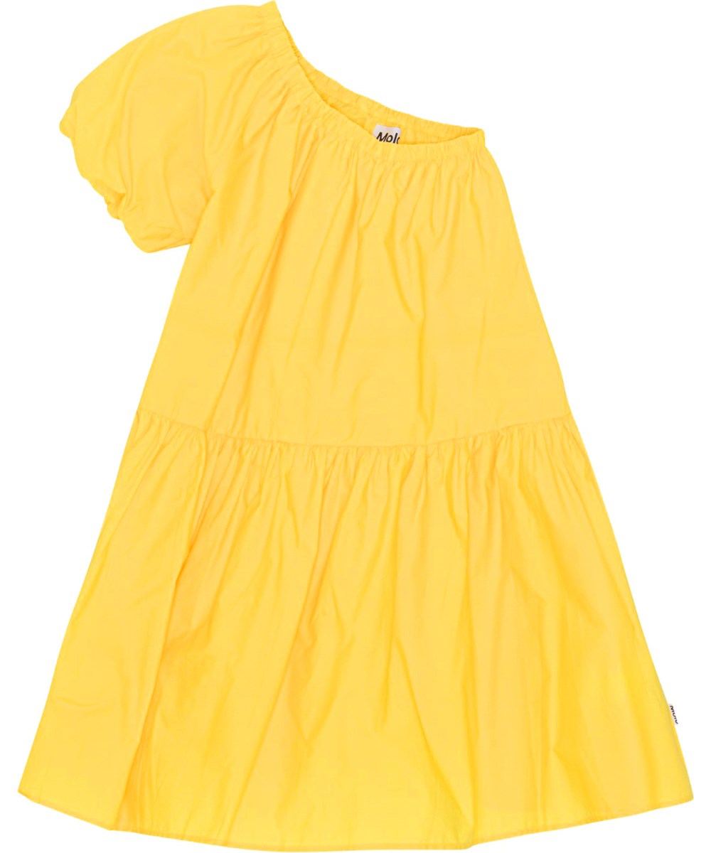 Clarabelle Submarine Yellow, one-shoulder dress in organic