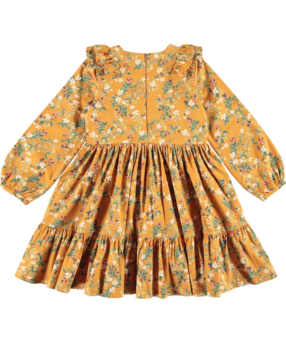 Clea - Bramble Gold - Golden organic dress with blackberry print 