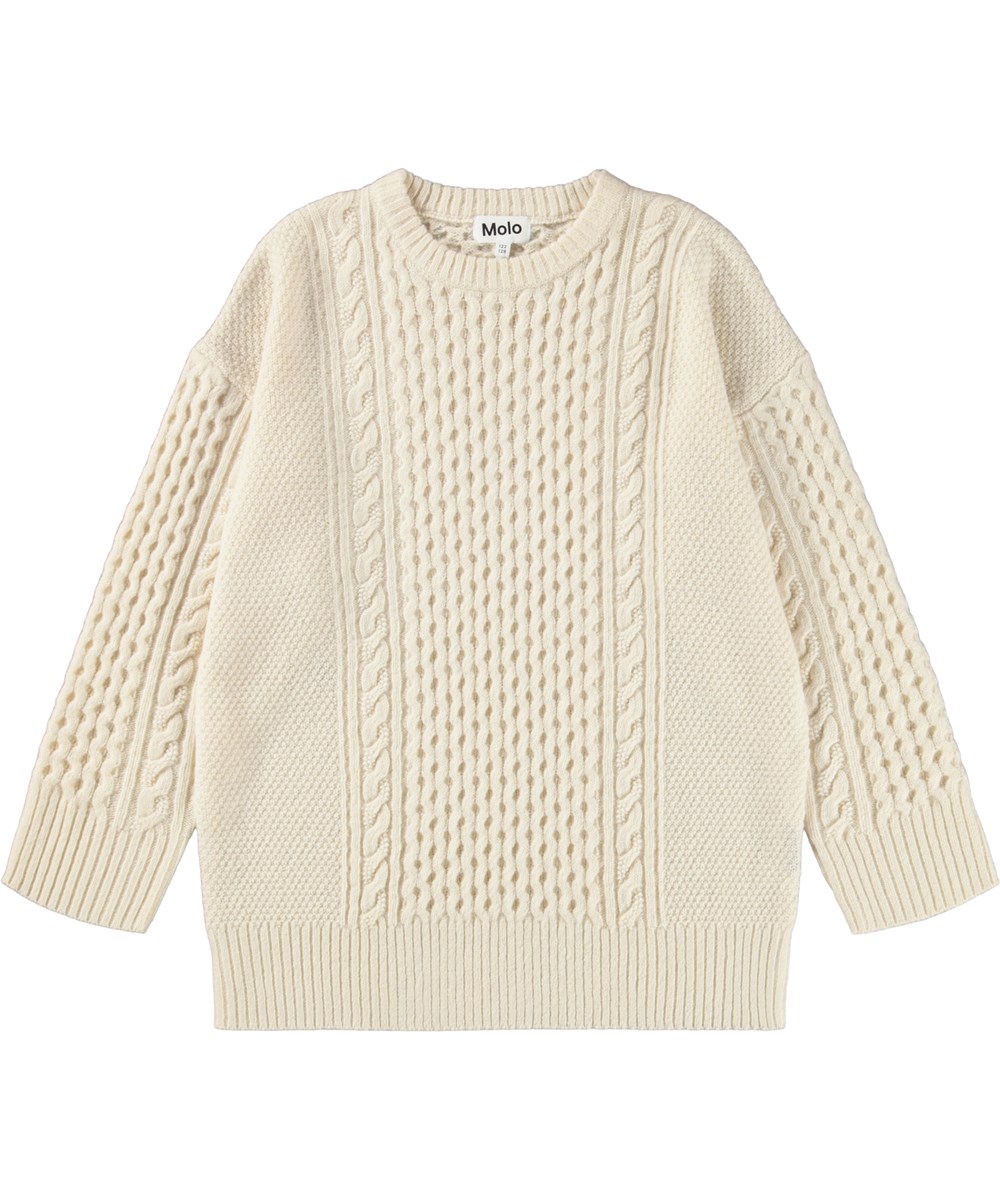 Clea - Buttercream - Cream-coloured wool dress for children with cable pattern.