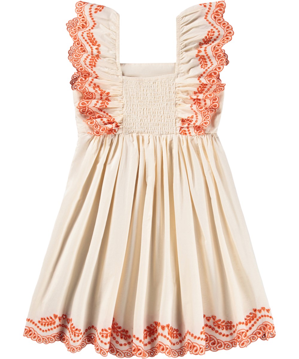 Clementine - Pearled Ivory - Off-white knee-length dress for children made of organic cotton with an embroidery 