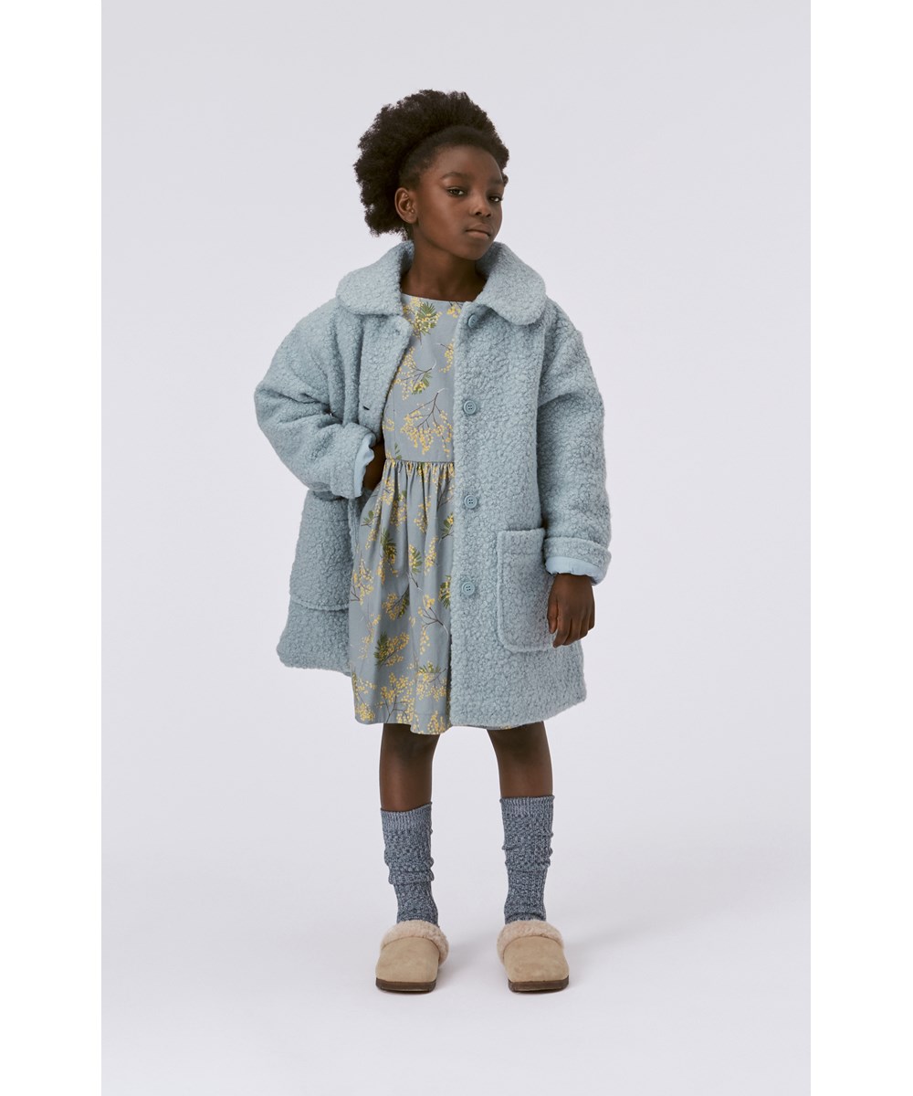 Cleo - Mimosa Blue - Dusty blue midi dress with mimosa print