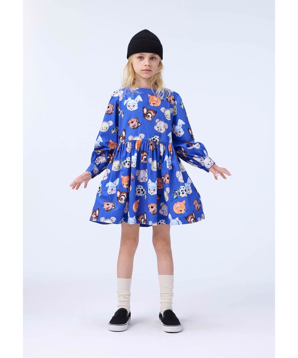 Cleo - Violet Blue - Short blue dress made of organic cotton poplin with a floral print.