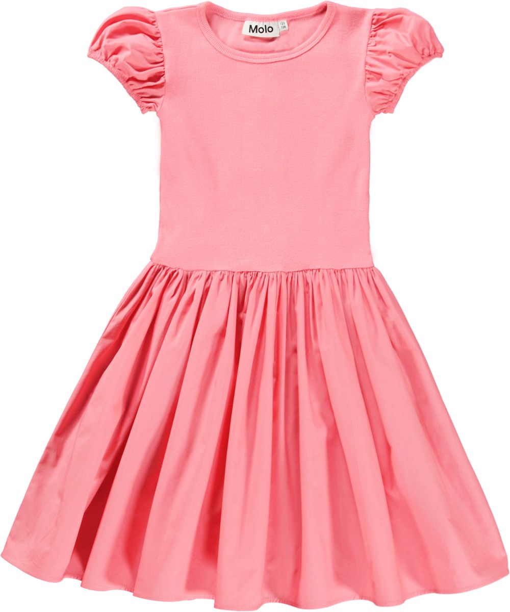 Cleopatra - Confetti - Short sleeve, coral coloured dress with circular skirt in organic cotton
