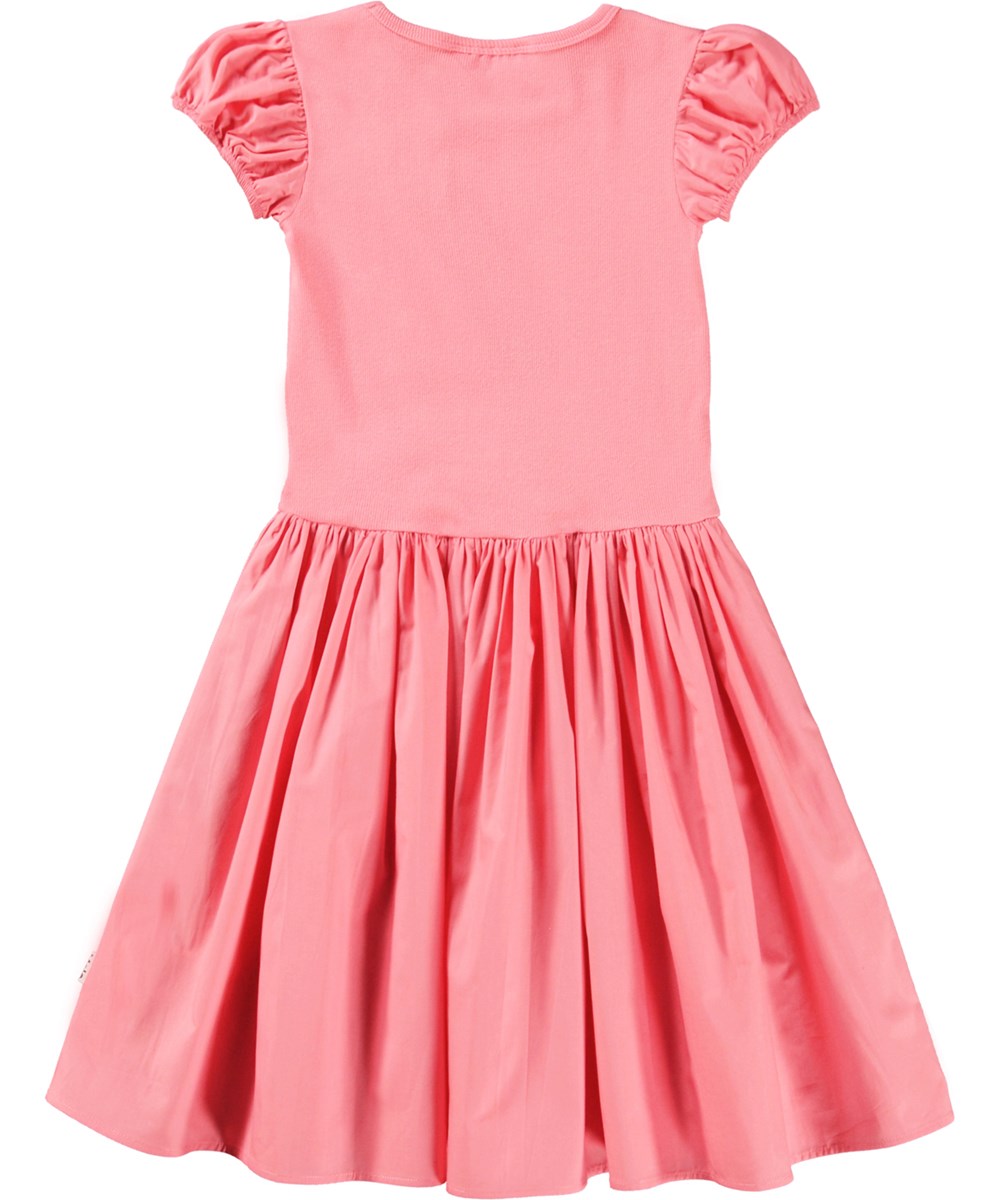 Cleopatra - Confetti - Short sleeve, coral coloured dress with circular skirt in organic cotton