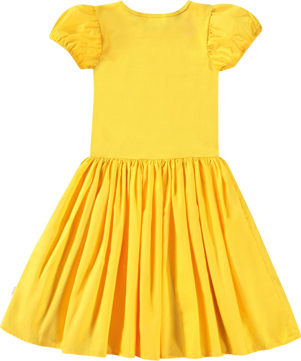 Cleopatra - Mimosa - Short-sleeved yellow dress for children in organic cotton with a fitted jersey top and a voluminous cotton poplin skirt.