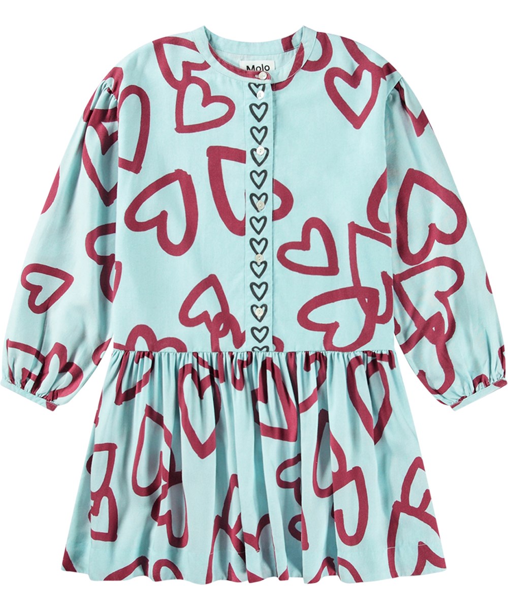 Cloud - Velvety Hearts - Blue dress in soft viscose with a print of red hand-painted hearts.