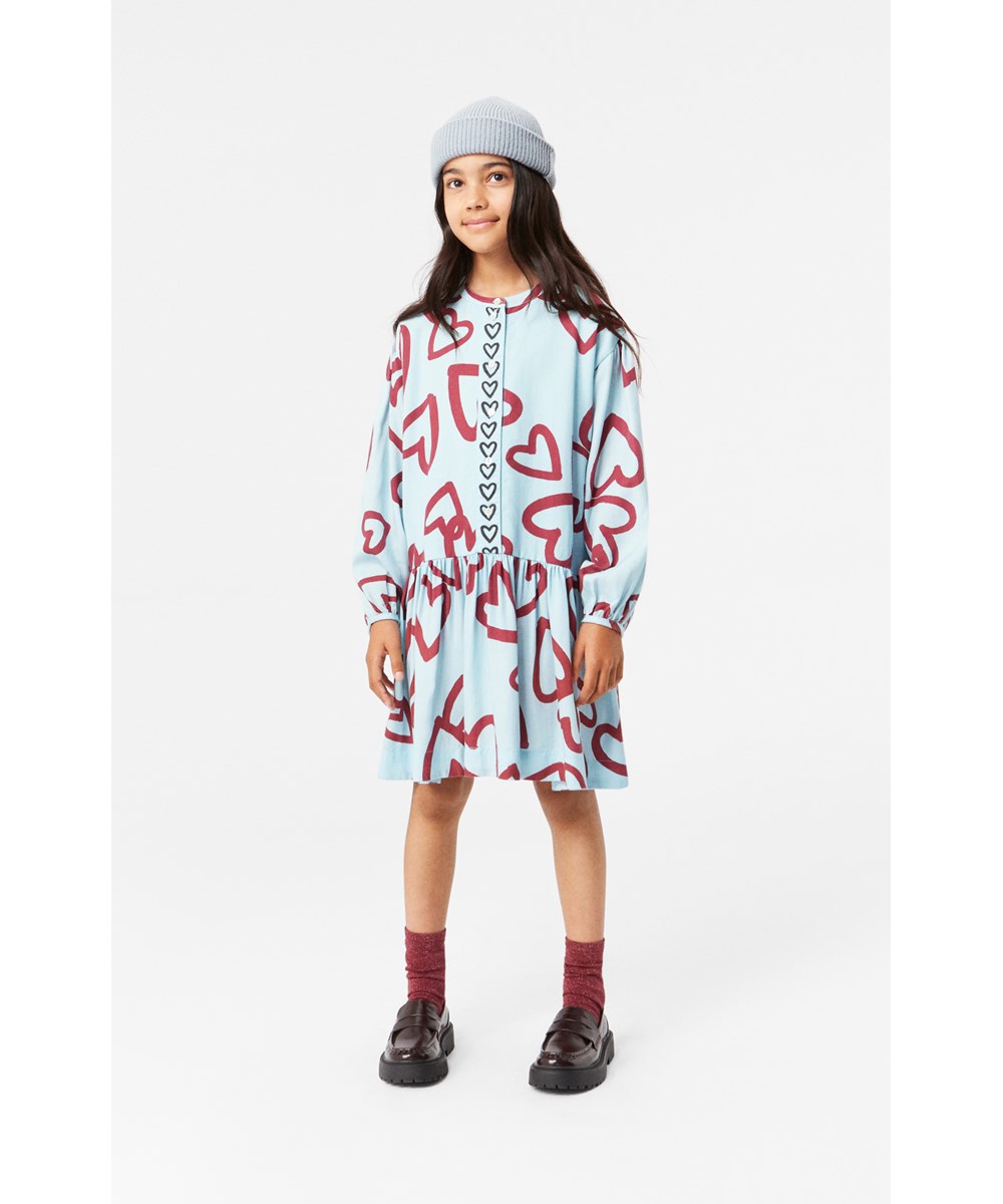 Cloud - Velvety Hearts - Blue dress in soft viscose with a print of red hand-painted hearts.