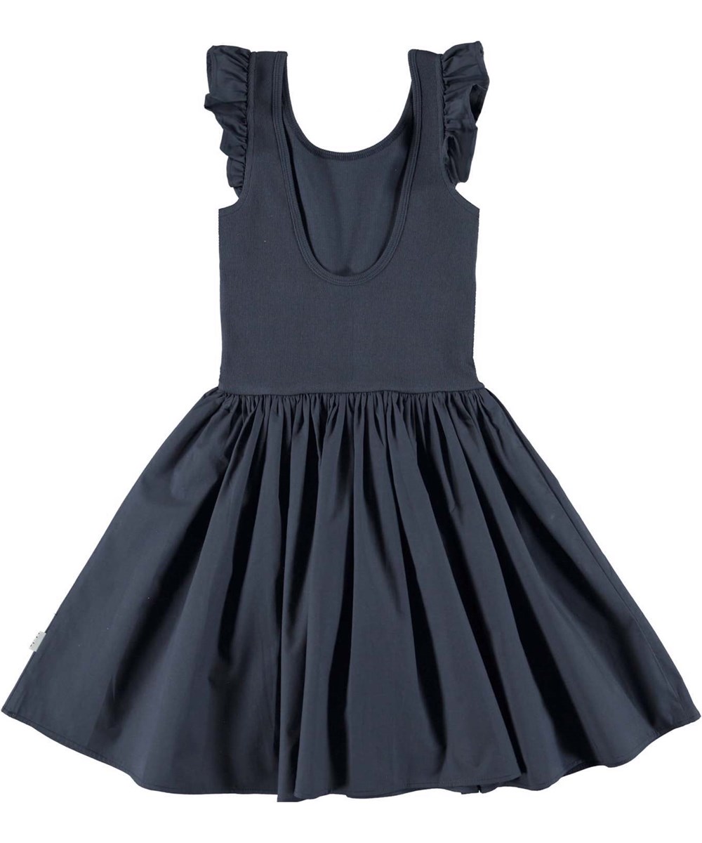 Cloudia - Blue Nights - Dark blue dress with ruffle edge on shoulder 