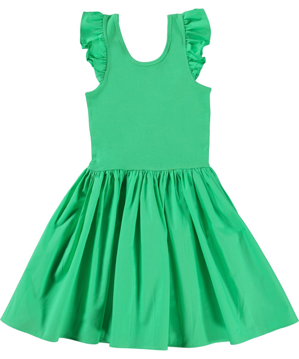 Cloudia - Fresh - Green dress in organic cotton with ruffles at the shoulders