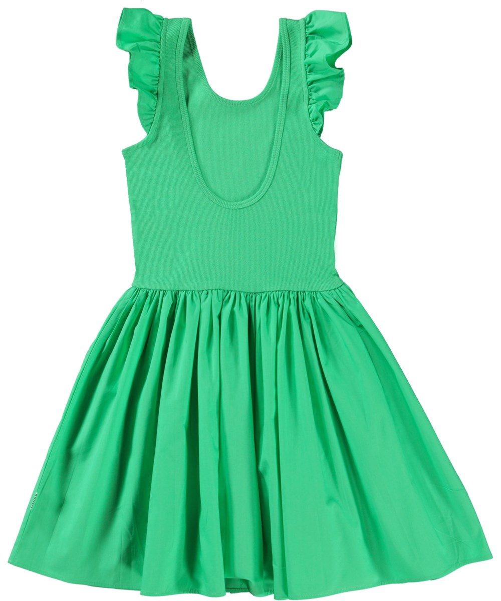 Cloudia - Fresh - Green dress in organic cotton with ruffles at the shoulders
