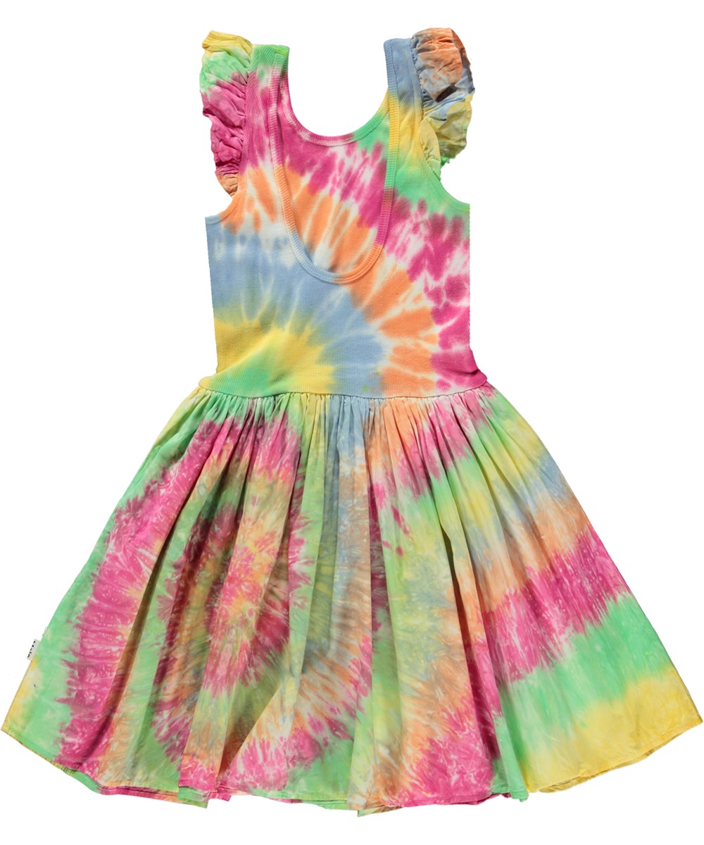 Cloudia - Jolly Tie Dye - Multi-coloured tie-dye dress in organic cotton with ruffles at the shoulders