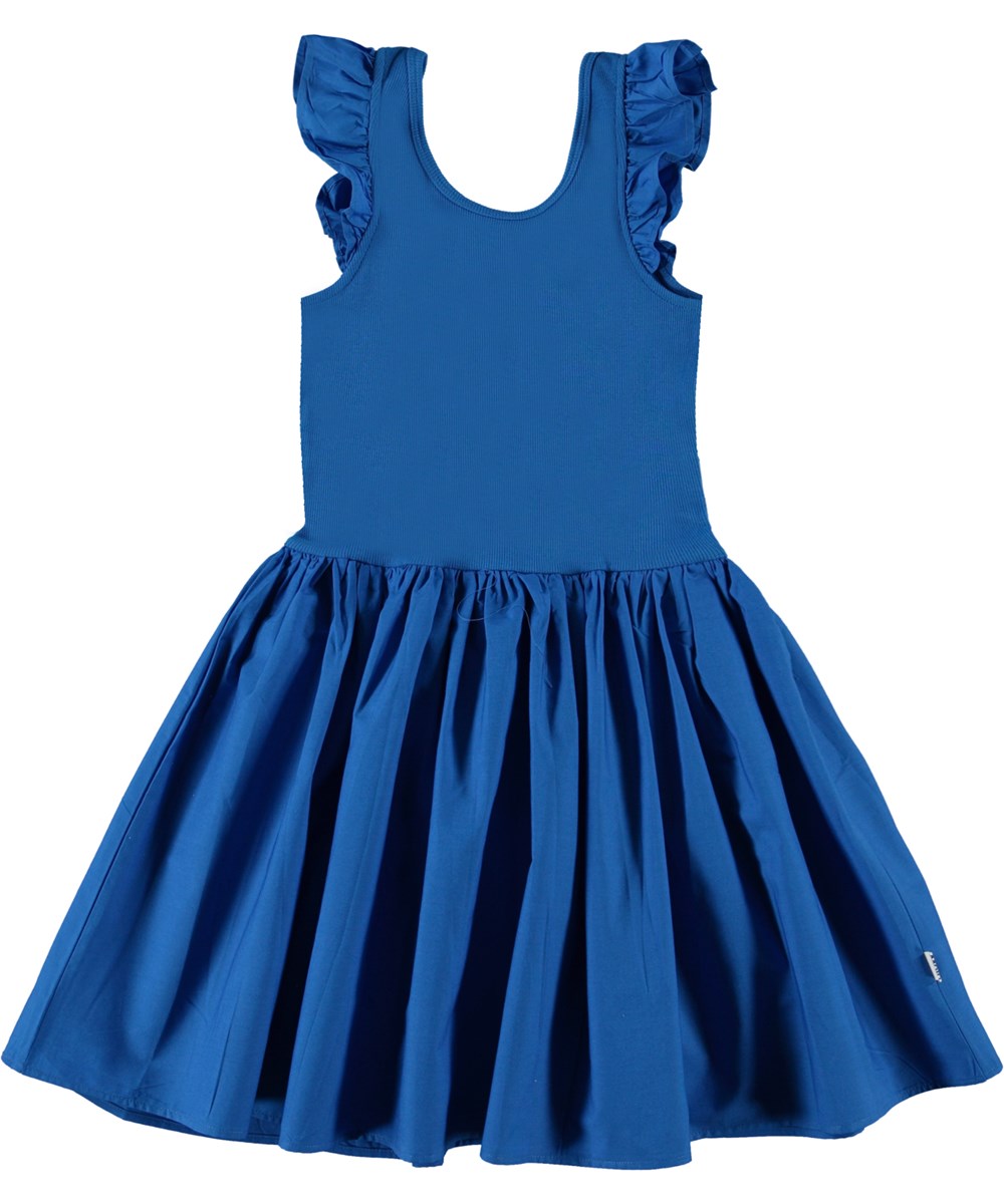 Cloudia - Lapis Blue - Dark blue dress in organic cotton with ruffles at the shoulders
